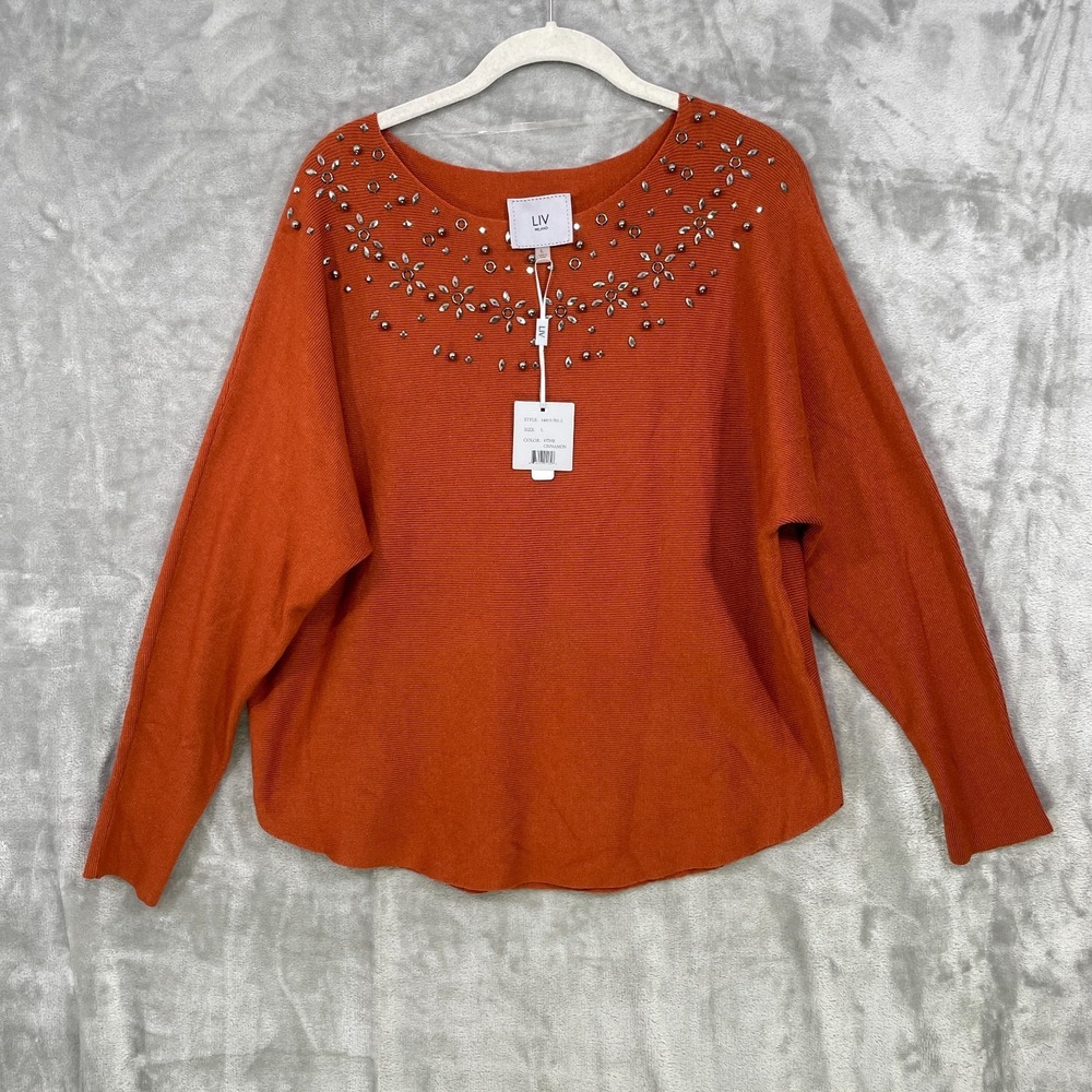 Liv Milano Women's Sweater Size L Stud Embellishment Cinnamon Dolman Sleeve NWT